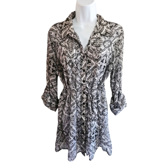 Dots Large Black White Paisley Semi Sheer Button Down Tunic Dress Boho Vintage - Picture 2 of 6